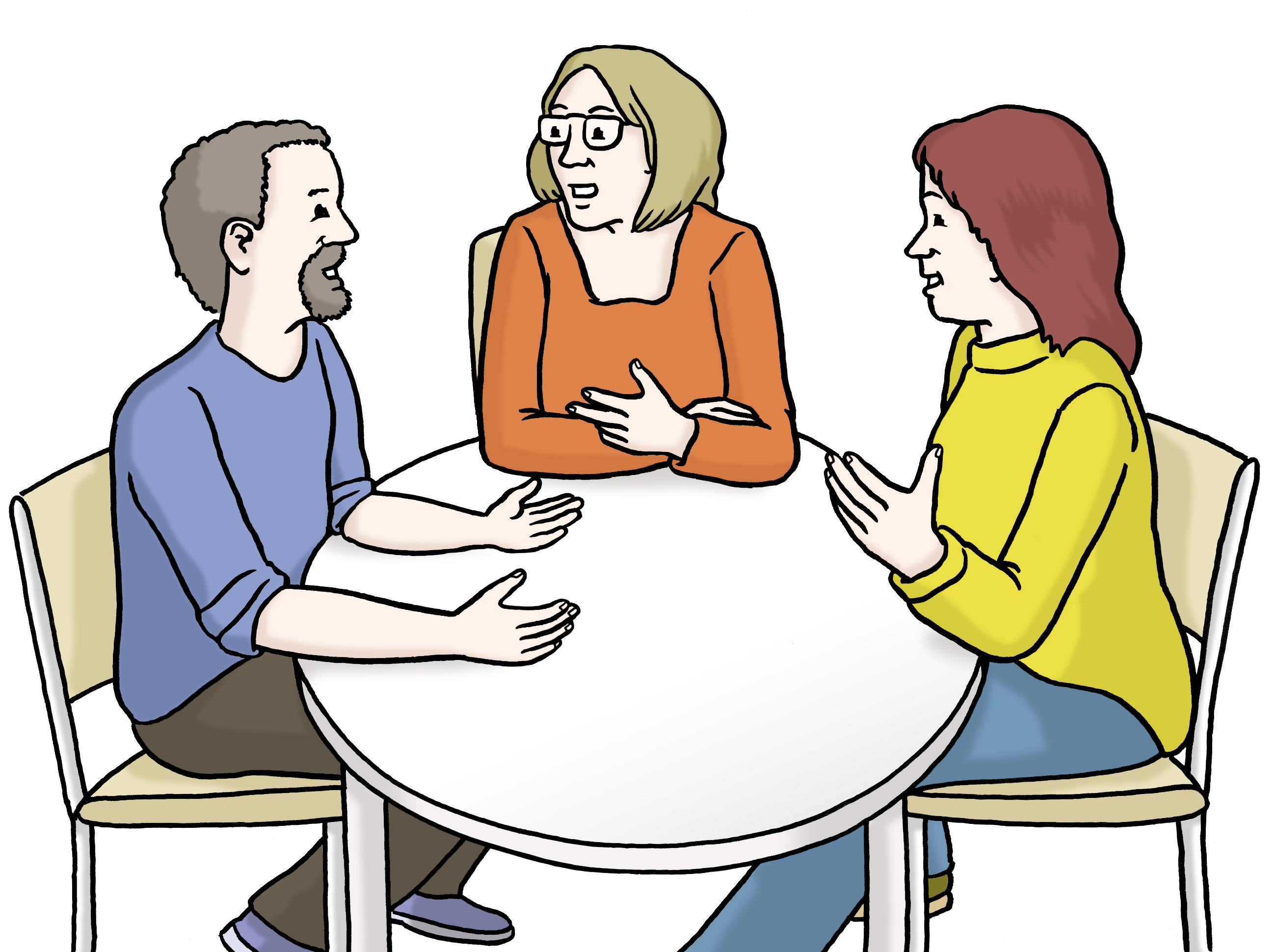 Drei Personen diskutieren sitzend an einem Tisch