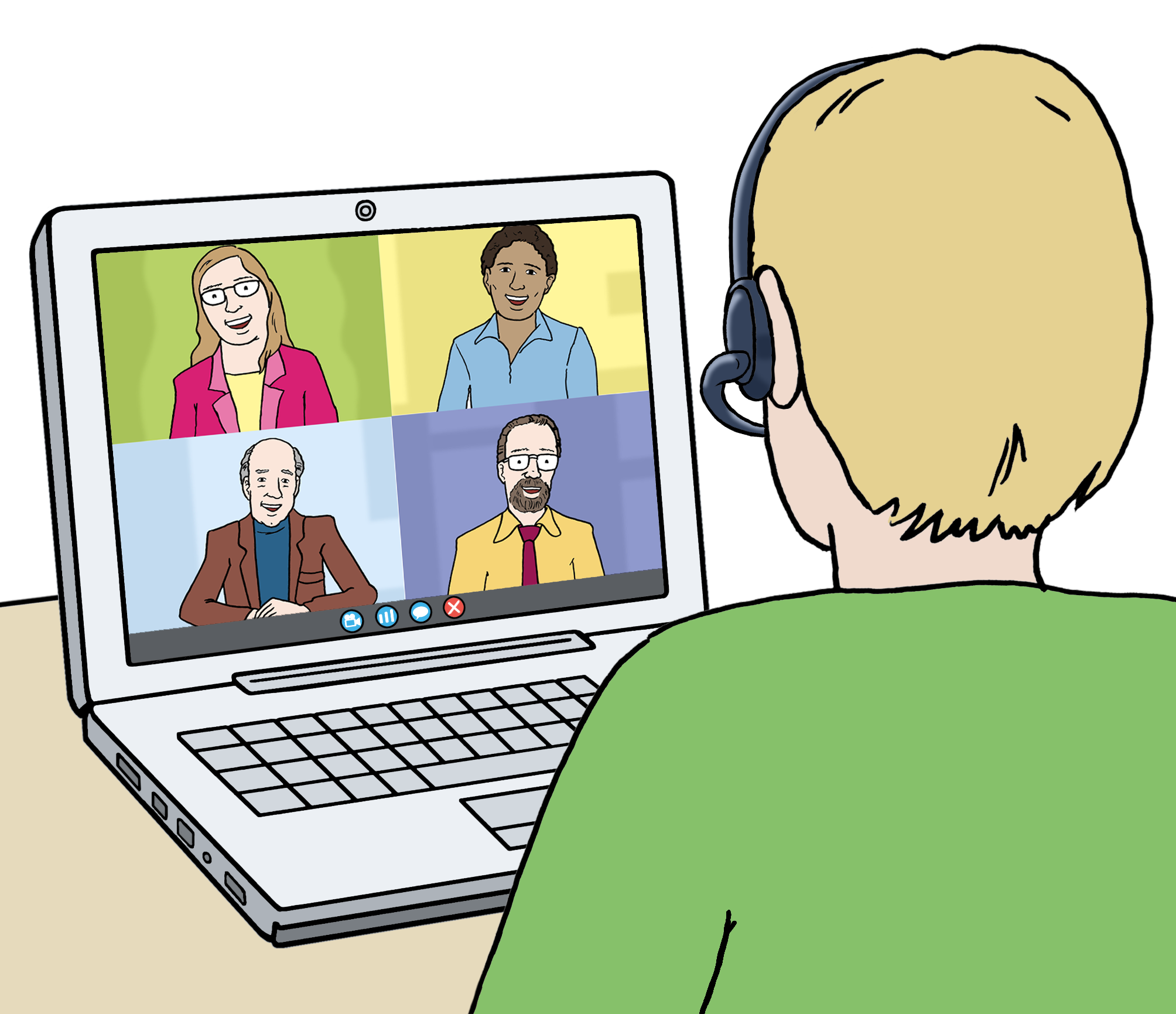Eine Person sitzt mit einem Headset vor einem Laptop auf dem eine Videokonferenz zu sehen ist